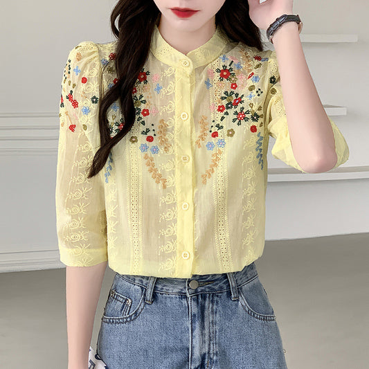 Women's Shirt Vintage Embroidered Jacquard Shirt Fresh Romantic Gentle Stand-up
