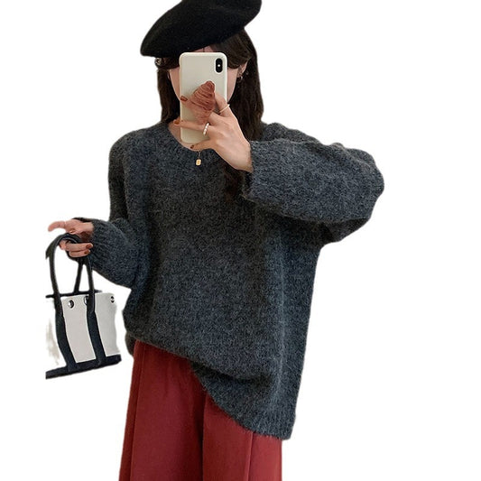 Round Neck Idle Style Autumn And Winter Long Sleeve Soft Glutinous Colored Knit Top