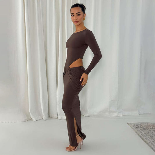 Solid-color Hollow-out Sexy Side-slit Long-sleeve Dress