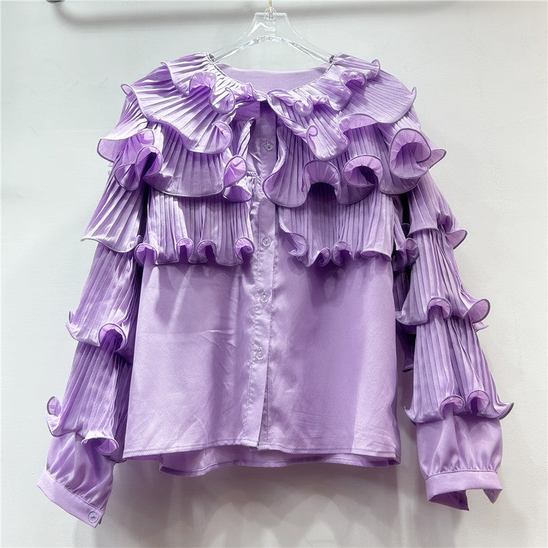 Korean Style Light Luxury Socialite Bubble Sleeve Ruffled Loose Chic Design Adult Lady Like Woman Temperament Top