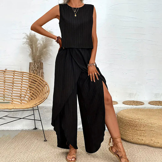 Casual Pants Wide-leg Pants Crew-neck Sleeveless T-shirt Two-piece Set