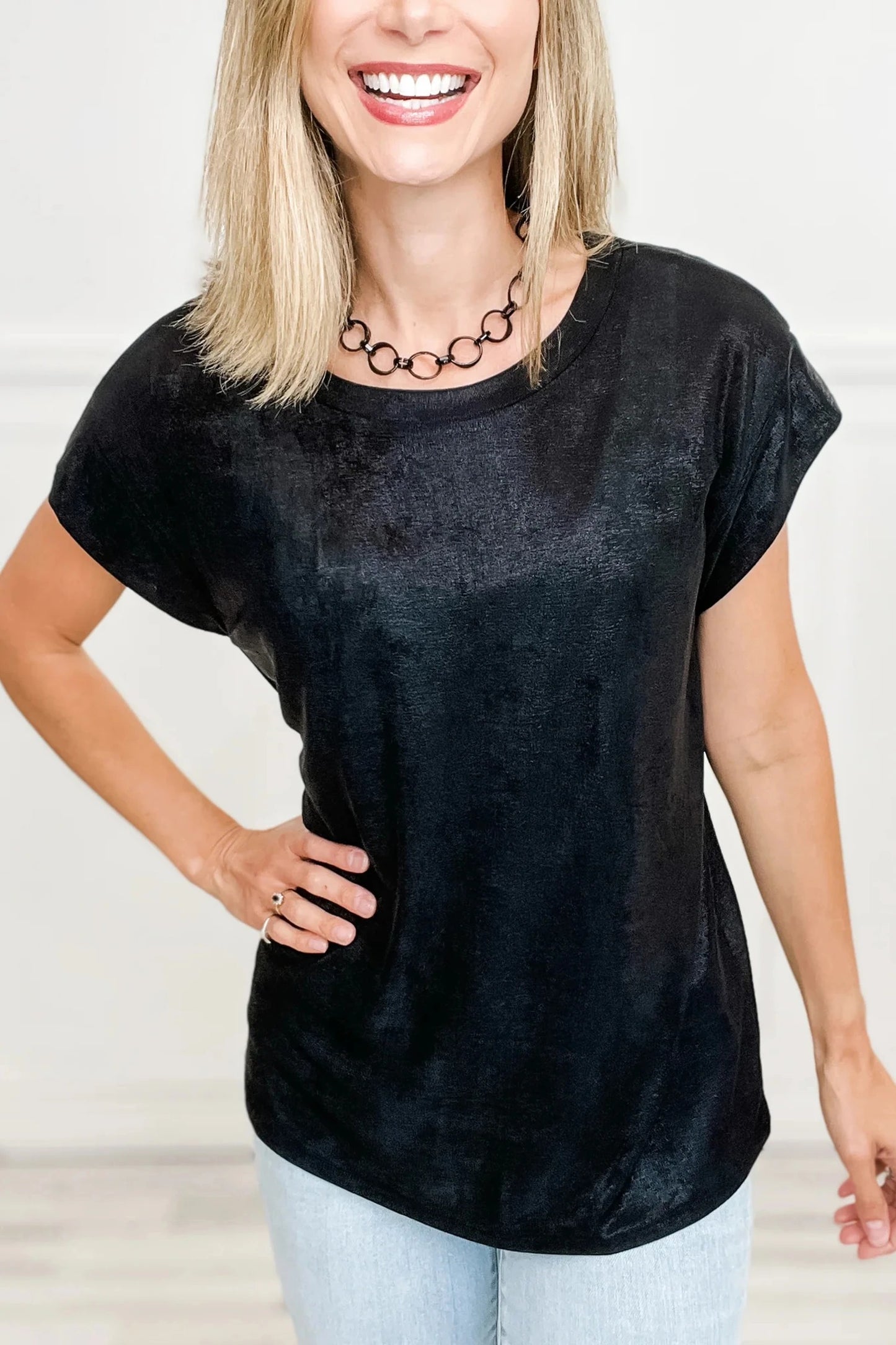 Womens Solid-color Casual Crew-neck Top