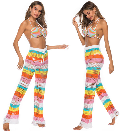 Rainbow-colored Hollow-out Knitted Pants Crochet Bikini Swimsuit Beach Shorts For Women