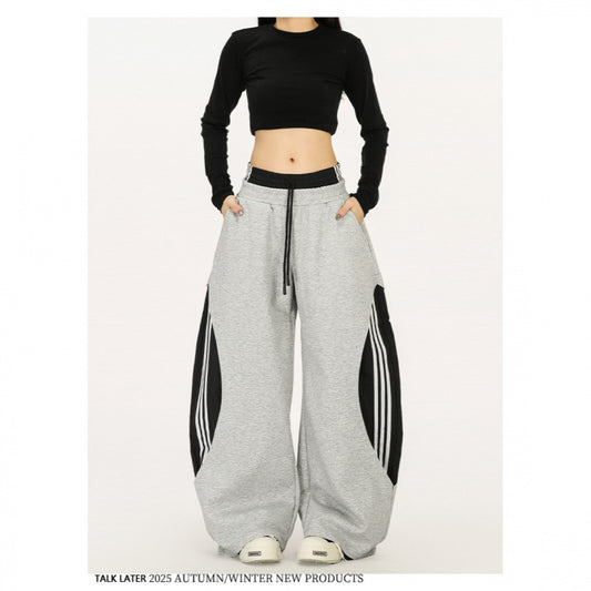American-style Retro Faux Two-piece Striped Patchwork Jogger Pants