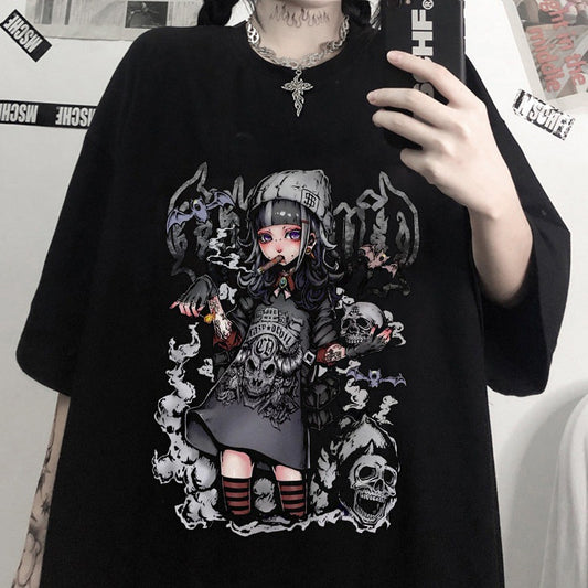 Vintage Gothic Girly Print Loose Cropped T-Shirt