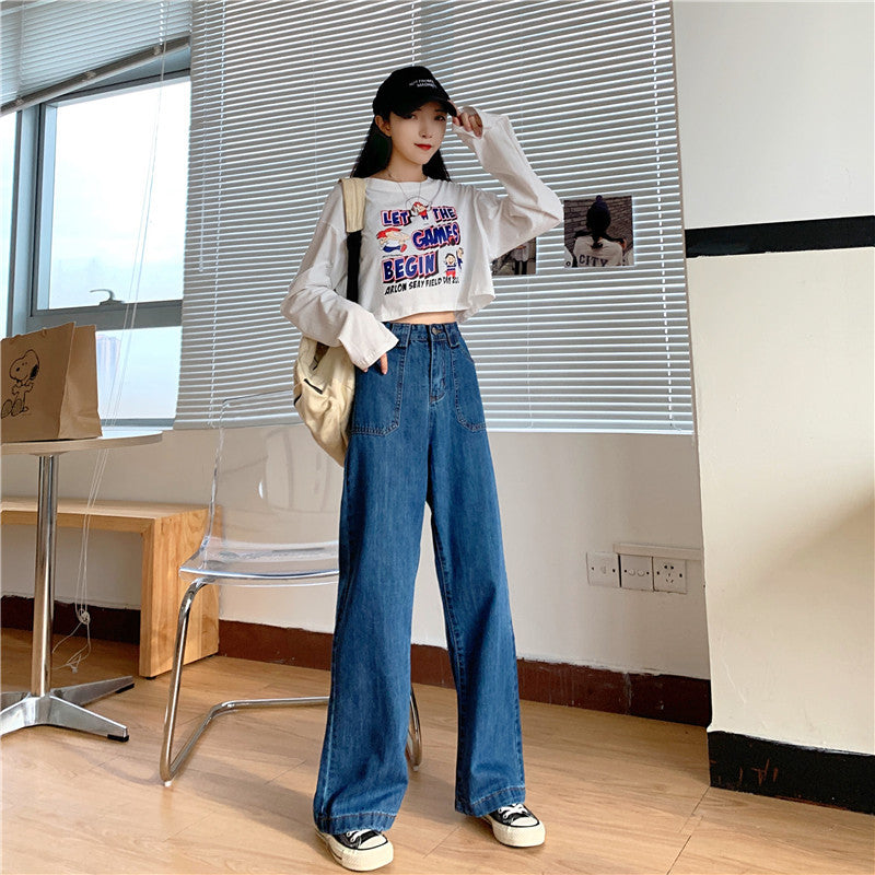 High Waist Bag Hip Wide Leg Casual Pants Trend Patch Pocket Straight-leg Jeans