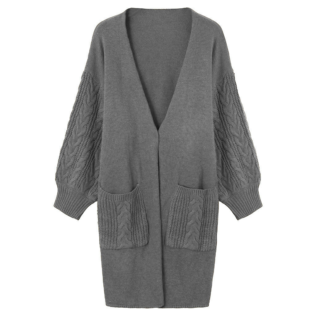Knitted Cable Lantern Sleeve Coat Sweater