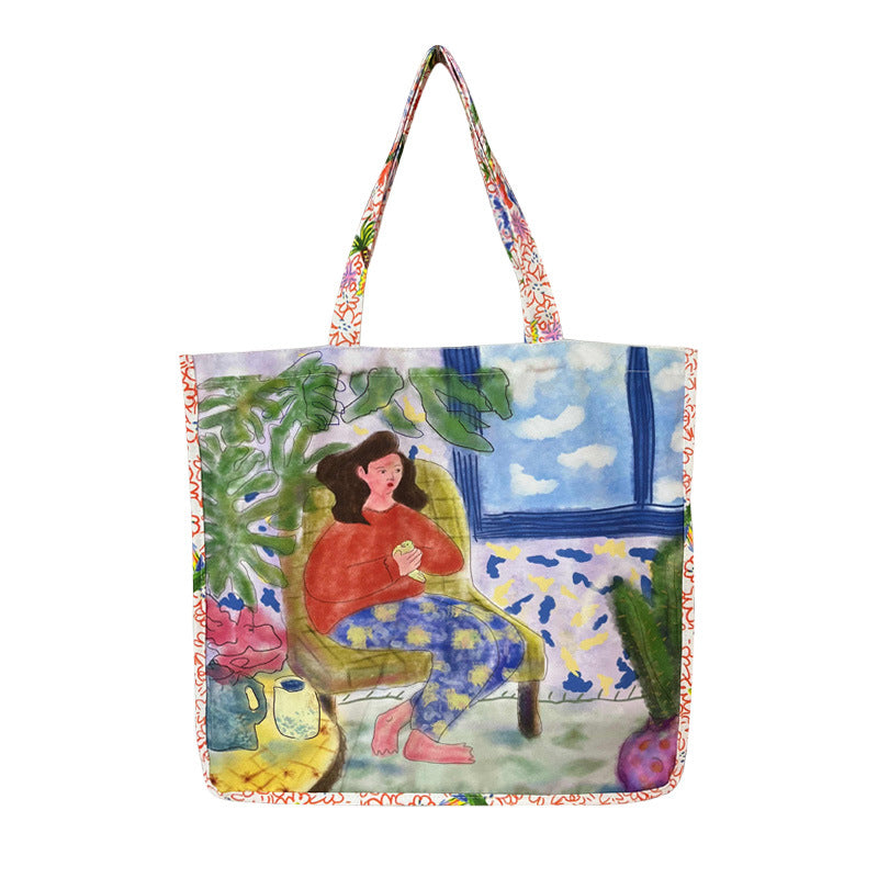 Double Sided Printed Canvas Bag Commuter Large Capacity Shoulder