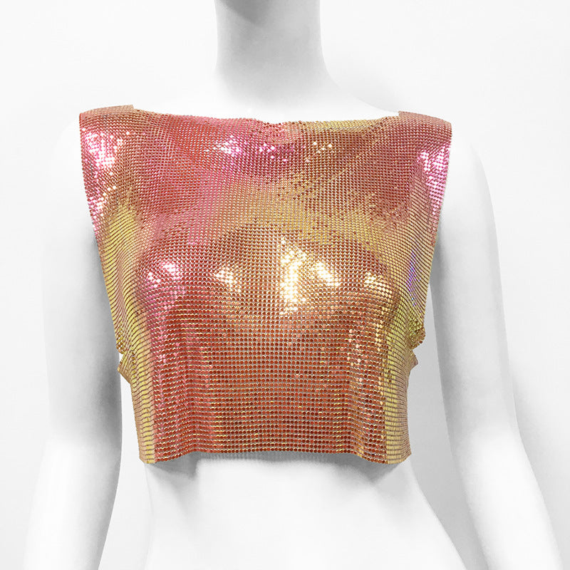 Summer Fashion Womens Metallic Halterneck T-shirt From Europe And The US