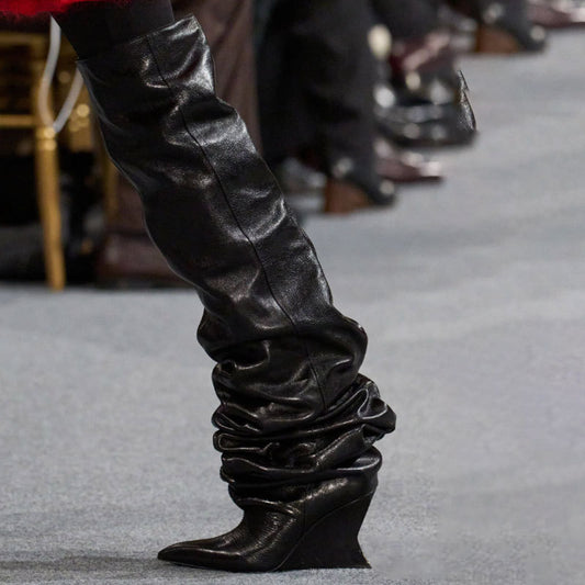 Catwalk Pleated Over-the-knee Boots Female Pointed Toe Wedge High-heel Boots