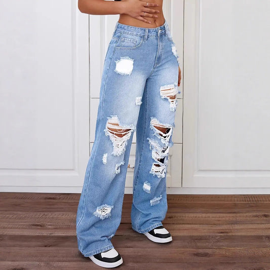 Trendy washed ripped straight jeans til damer