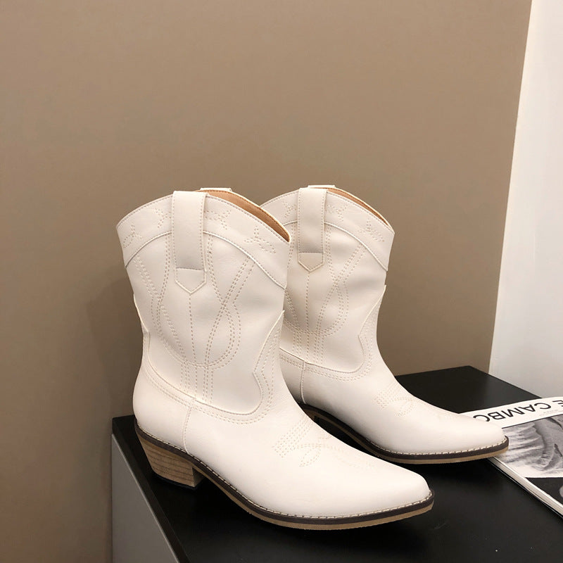 Retro Thick Heel Mid-tube Knight Boots With Pointed Embroidery Thread