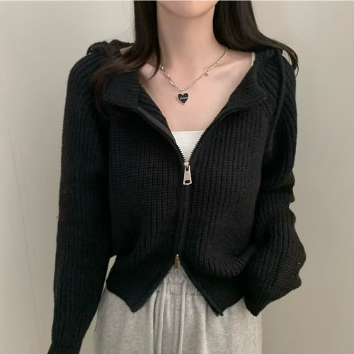 Temperament Leisure Design Sense Niche Double Zipper Hooded Sweater Coat