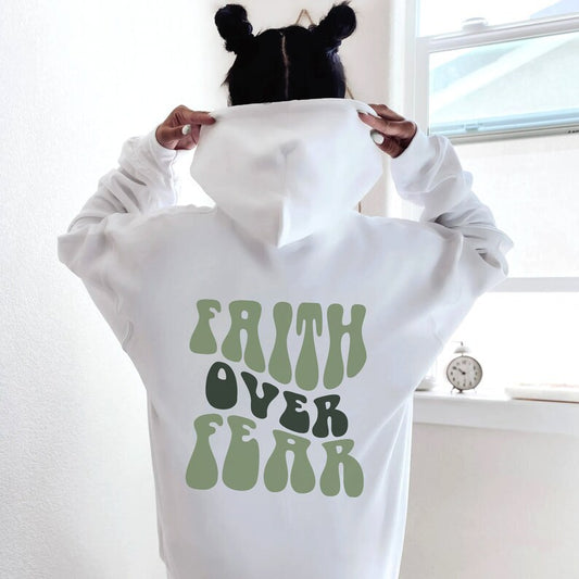 Faith Over Fear Women's Letter Kangaroo Pocket Drawstring Printed Hoodie