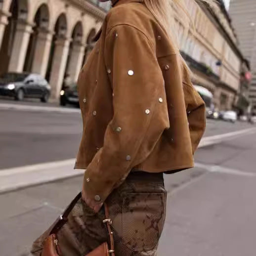 Vintage Brown Lapel Studded Suede Jacket Coat