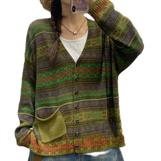 Striped Cotton Printed Pocket V-neck Sweater Cardigan