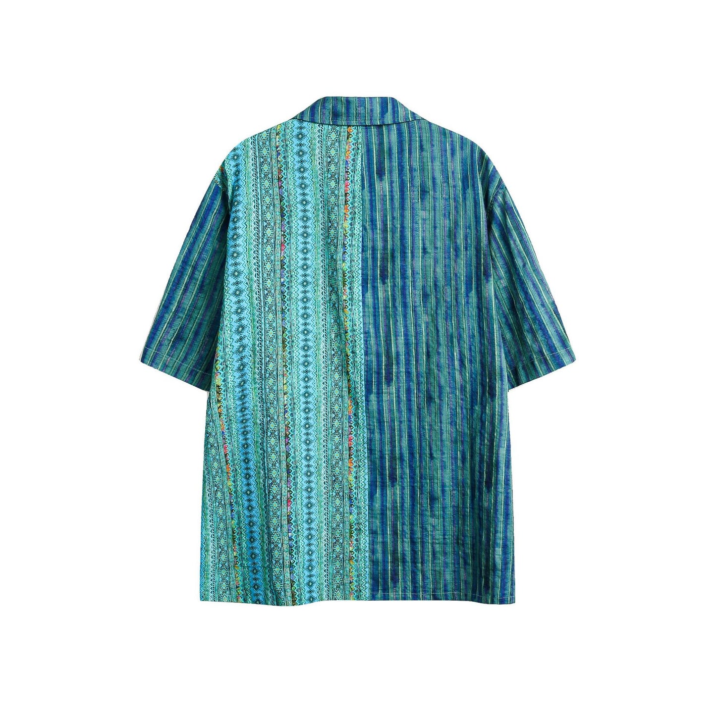 Retro Ethnic Style Patchwork Stripes Short Sleeve Men's Loose Shirt