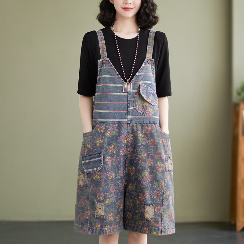 Oversized Chubby Mm Loose And Slim Five Piece Jumpsuit With Printed Denim Straps