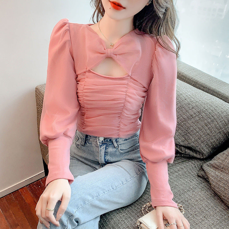 Exposed Collarbone Mesh Slim Fit Long Sleeved Top Bottoming Shirt
