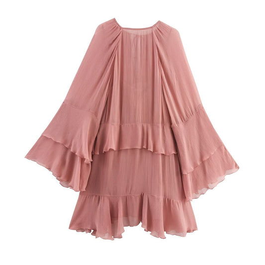 Fashionable Flared Long-sleeve Ruffled Dress