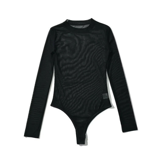 Niche Hot Girl Round Neck Long Sleeve Mesh Transparent Jumpsuit