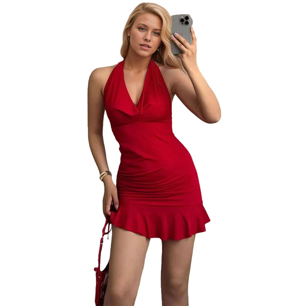 Womens Solid-Color Versatile V-Neck Slim-Fit Halter Dress