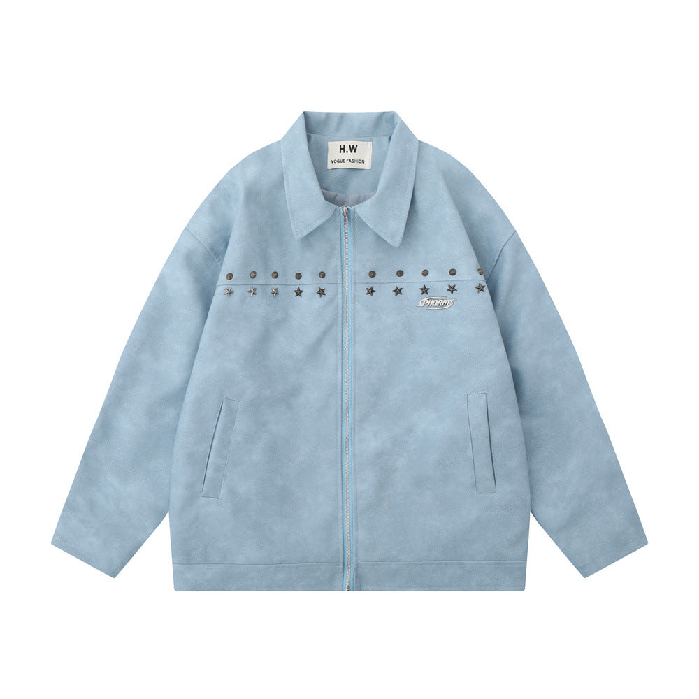 Retro Design Metal Decorative Loose Lapels PU Leather Jacket