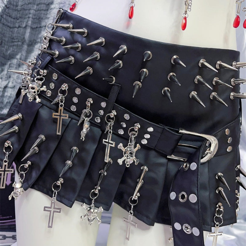 Rivet Skull Cross Punk Niche Street PU Leather Metal Pleated Skirt