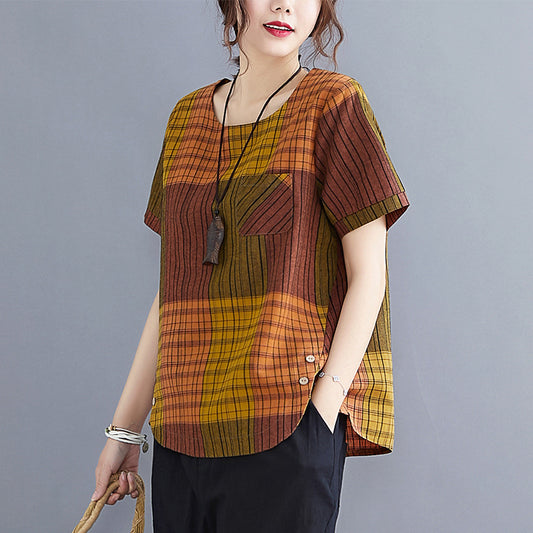 Artistic Plaid Cotton And Linen T-shirt Wear Pullover Round Neck Short Sleeve Top