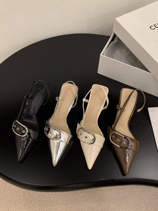 Niche franske sølv høje hæle, lukkede tå-slingback-sandaler, elegante flade sko med spids tå, forår/sommer 2026 nye ankomst fe-stil damesko
