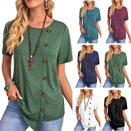 Round Neck Button Irregular Hem Short Sleeve T-shirt