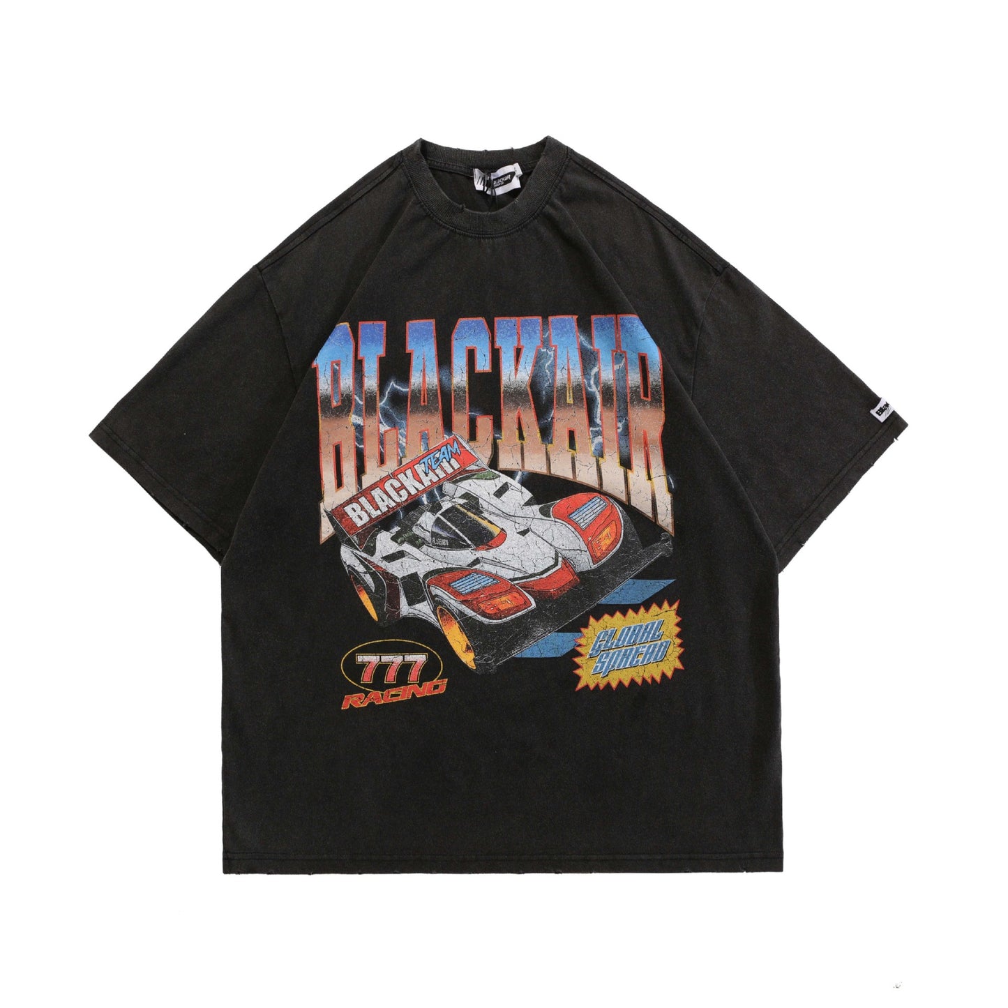 Vintage Vasket Slidt Løs Rundhals T-shirt med Direkte Print