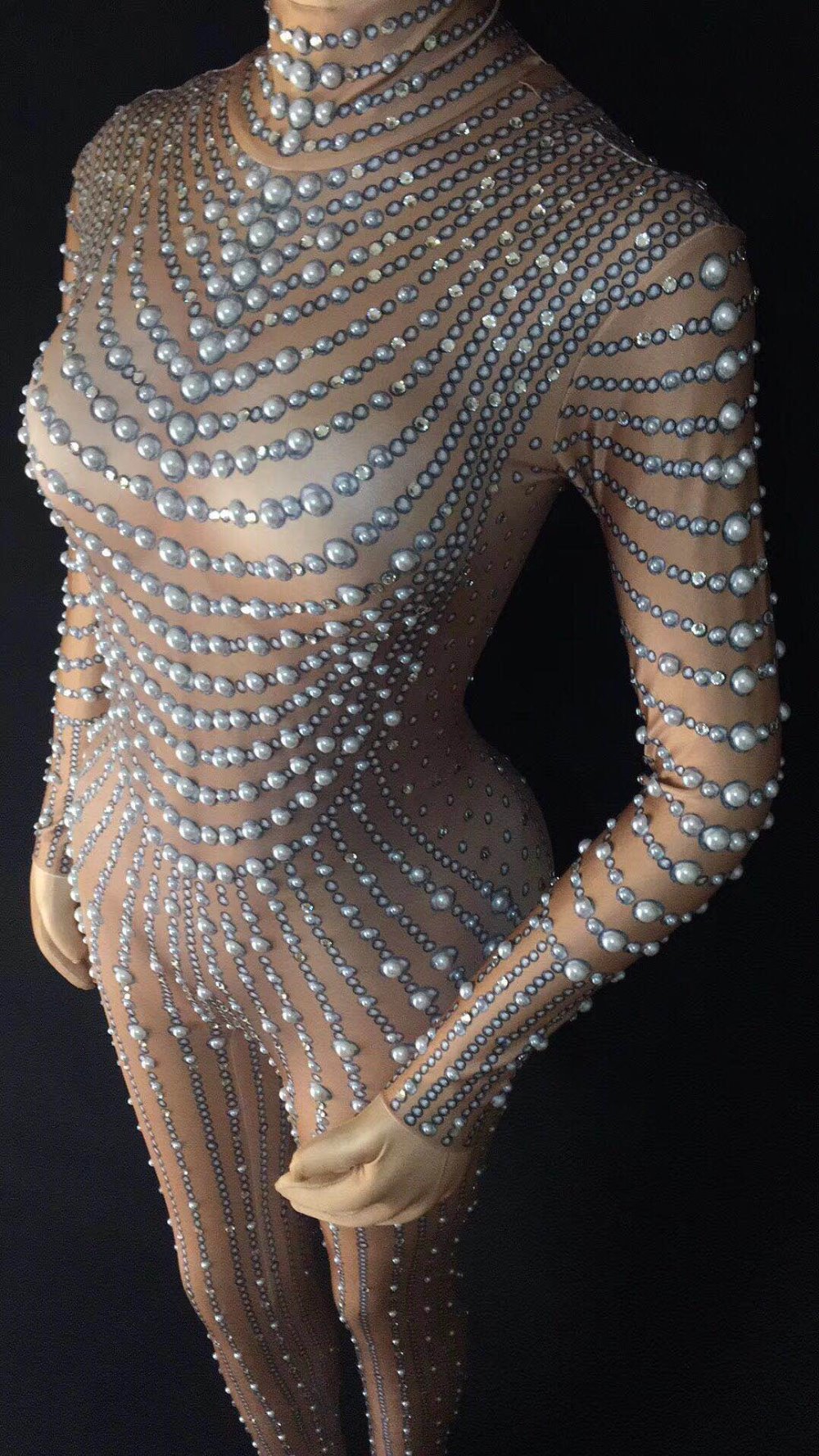 Singer Dance Yoga Rings Skin Tone Pearl Stretch One-piece Women's