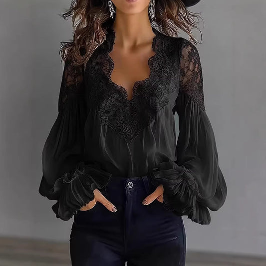 Lace-panelled Ruffled Puff-sleeve Pleated Shirt