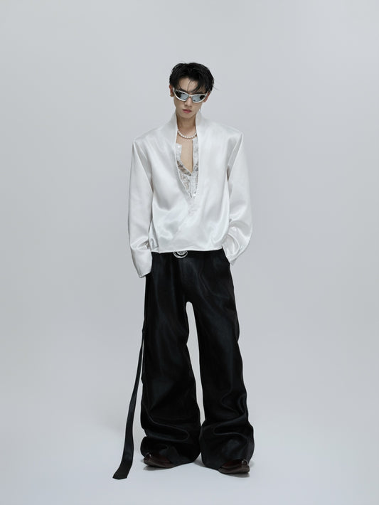 Loose-fitting Faux Two-piece V-neck Lace-panel Shirt
