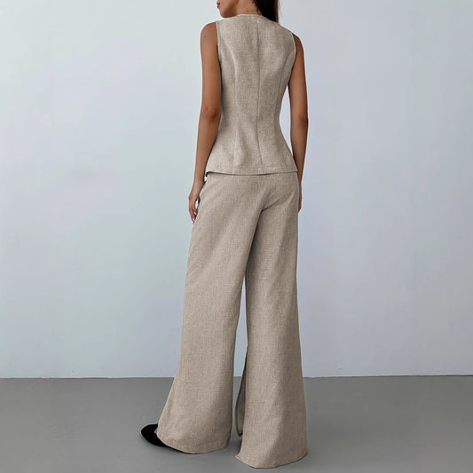 Elegant Breathable V-neck Sleeveless Split-front Wide-leg Pants Set