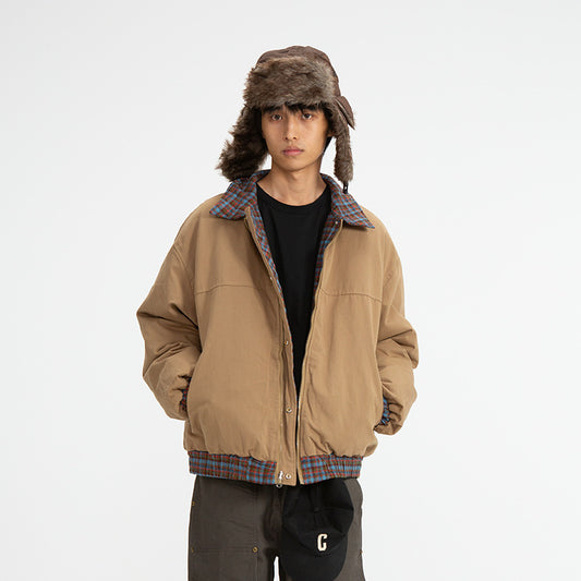 Plaid Reversible Cotton Coat Retro Casual Polo Collar Cotton-padded Jacket