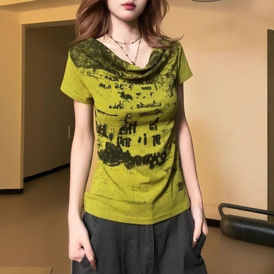 American-style Retro Off-shoulder Boat-neck Short-sleeve T-shirt