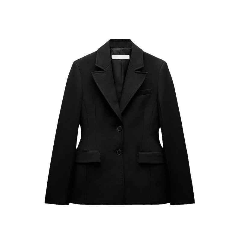 Women's Plus Size Suit Padded Shoulder Slim-fit Black Button Coat
