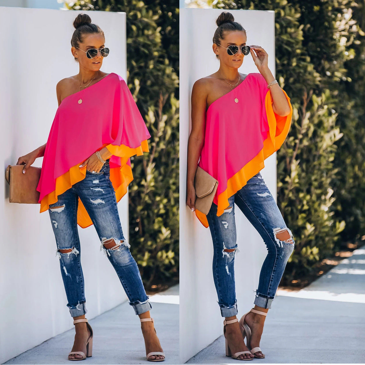 Ny Europæisk Dame Flere Lag Off-shoulder Top Personlig T-shirt