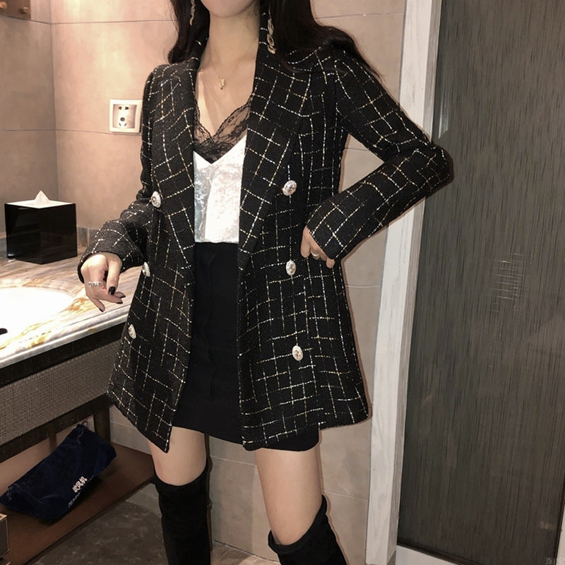 Small Sweet Milk Plaid Suit Double-breasted Jacket