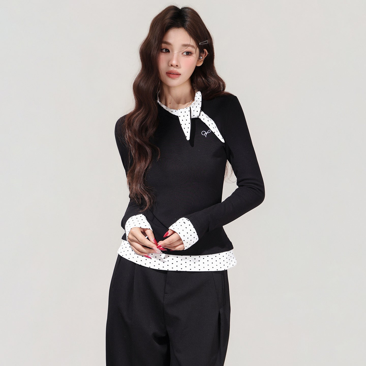 Women's Black Polka Dot Bow Fake Two-Piece Long Sleeve T-Shirt