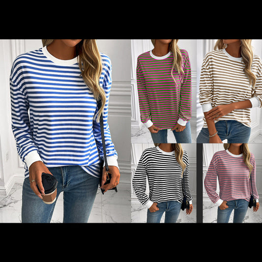 Navy Striped Crew-neck Long-sleeve Loose-fitting Top