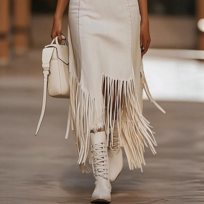 European And American-style Casual Retro Brown Embroidered White Denim Sleeveless Mid-length Skirt With Tassels