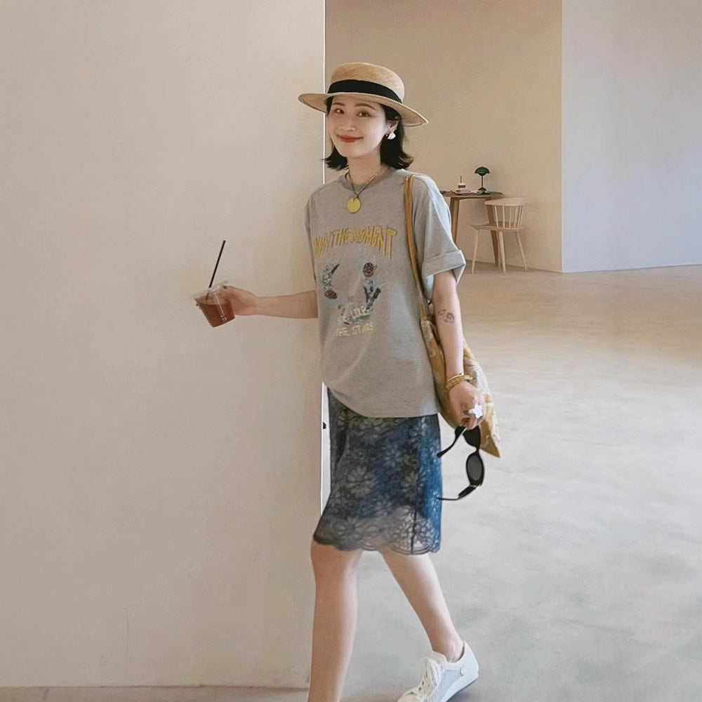 Womens Korean-style Crew-neck Short-sleeve Top