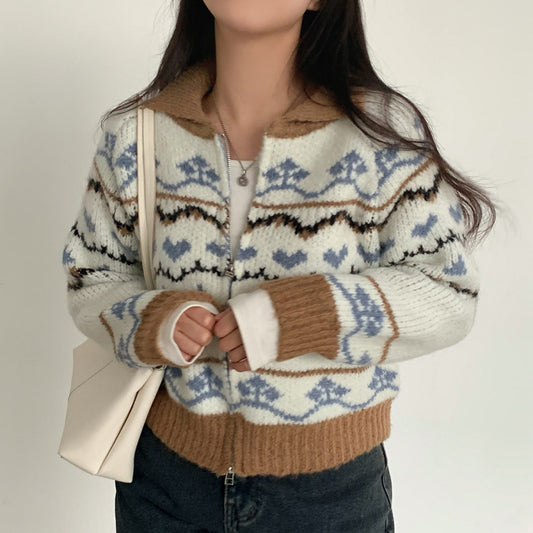 Retro Jacquard Weave Zip Sweater Cardigan Coat Women