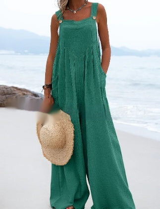 Ladies Fashion Ethnic Style Solid Color Button Suspender Jumpsuit