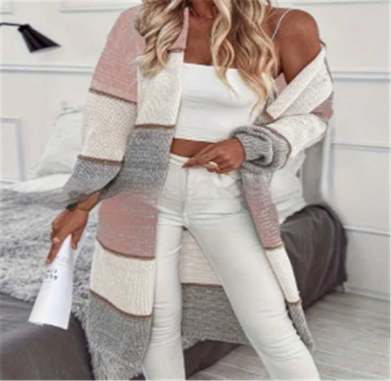 Women's Casual Knitted Color Matching Long Cardigan