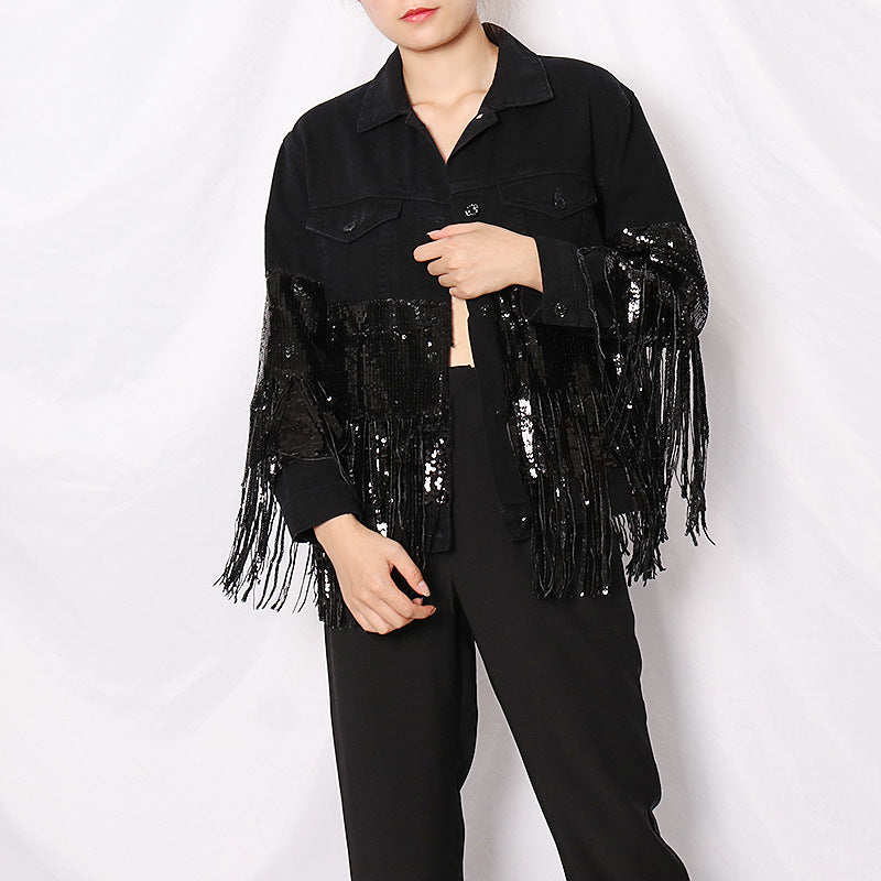 Lapel Pocket Heavy Industry Sequins Tassel Loose Ripped Denim Jacket Women