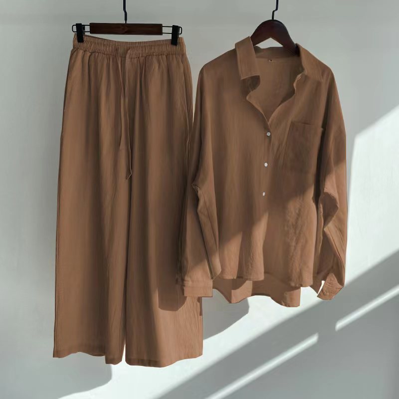 Women's 2-piece Retro Plus Size Cotton Linen Shirt Outfit High Waist Loose Trousers